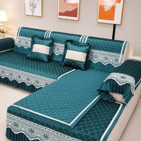Luxury Quilted Sofa Cover Set with Lace Border and Cushion Covers
